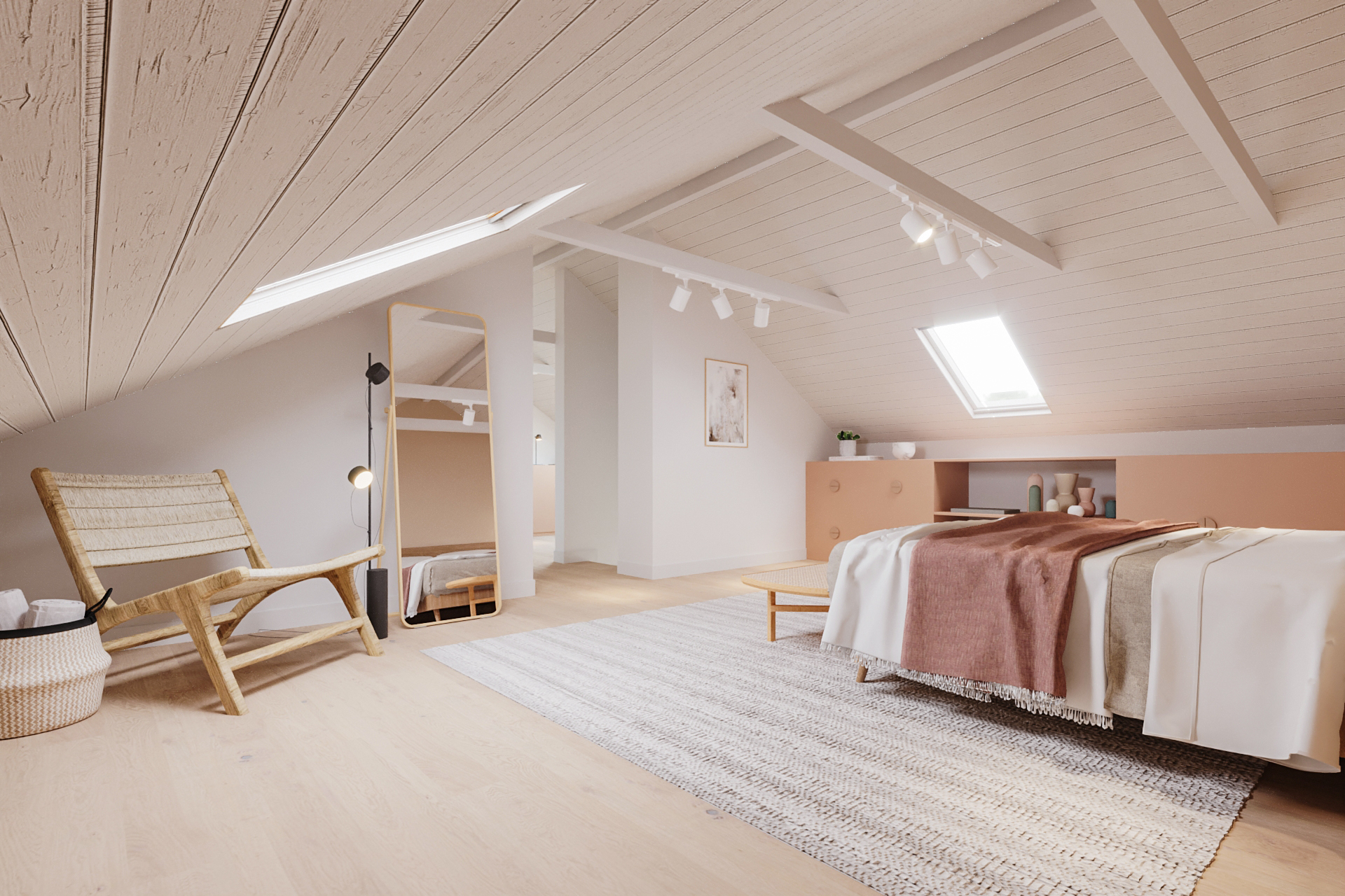 Design de interiores de apartamento - Decoração de quarto em sótão