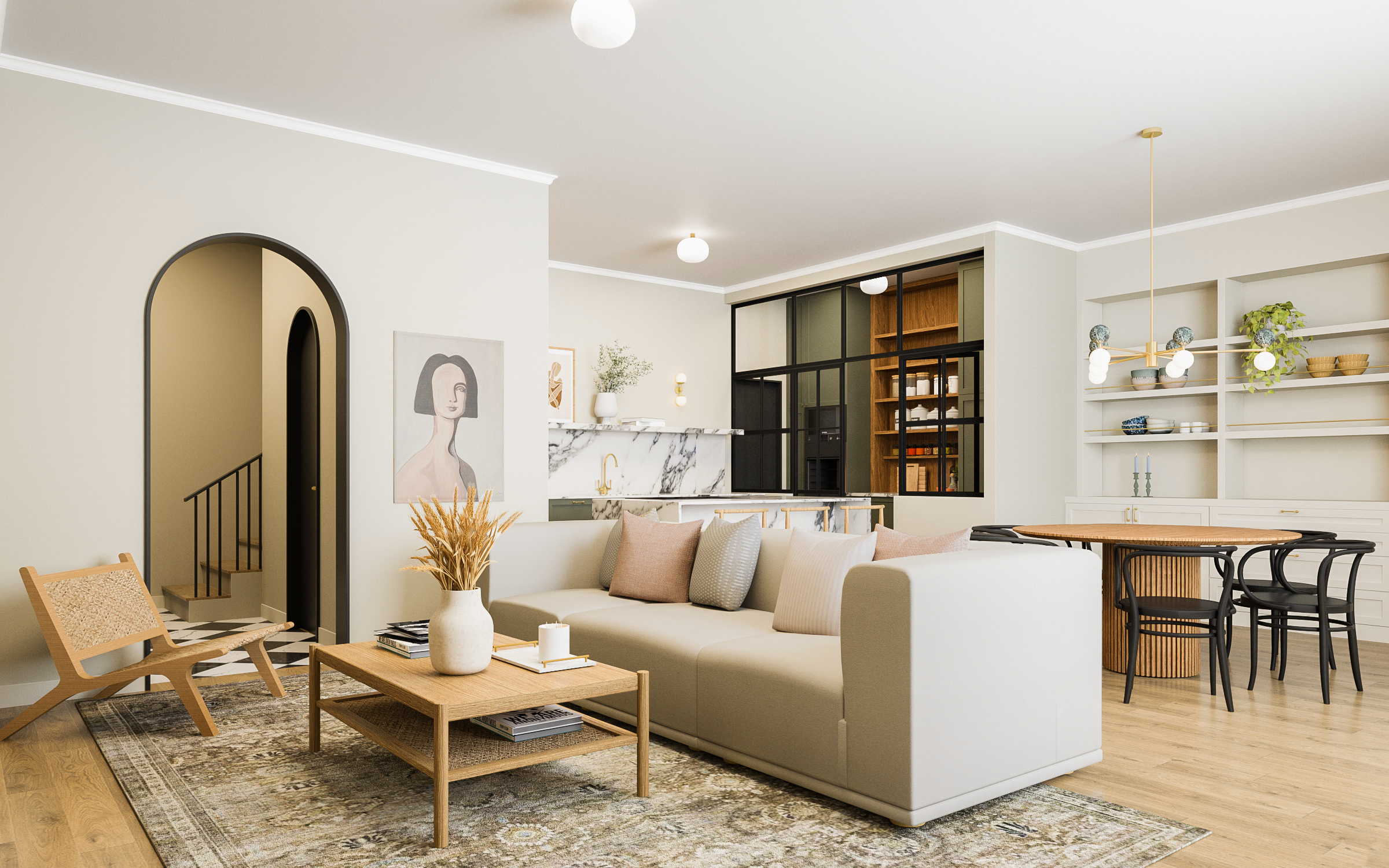 Remodelação e decoração de sala de estar moderna com tons brancos, rosas e verdes e cozinha open space