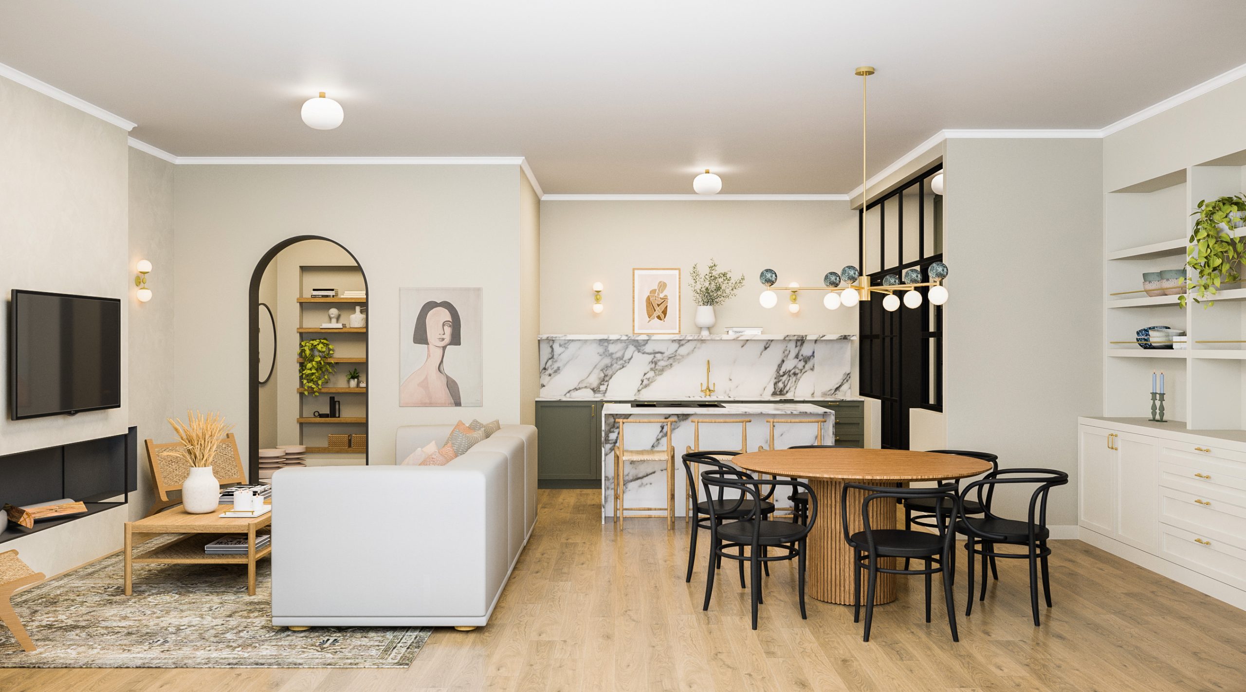 Remodelação e decoração de sala de estar moderna com tons brancos, rosas e verdes e cozinha em open space com ilha