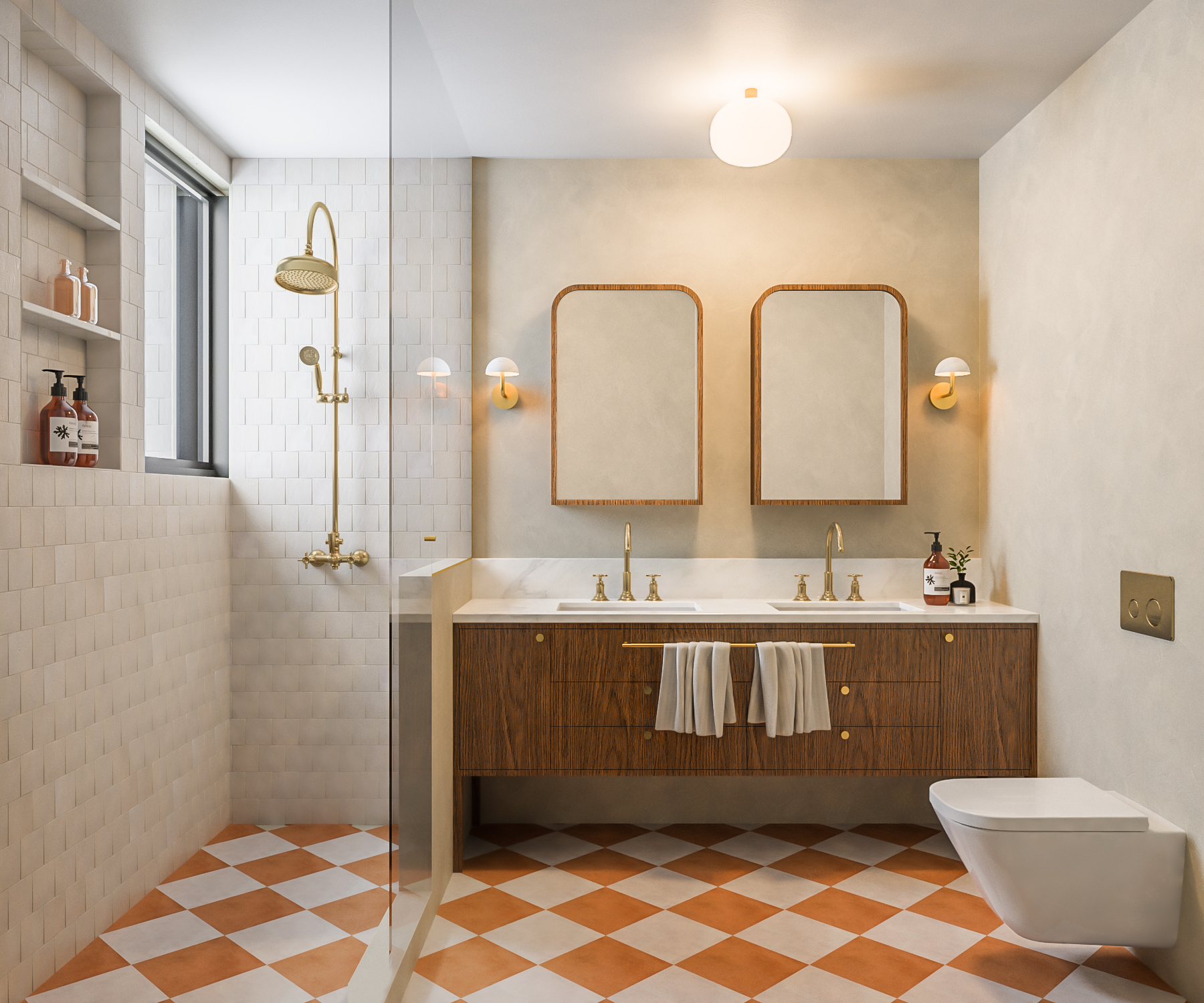 Casa de banho com um espelho dourado, duche wall-in e chão em azulejo laranja e branco