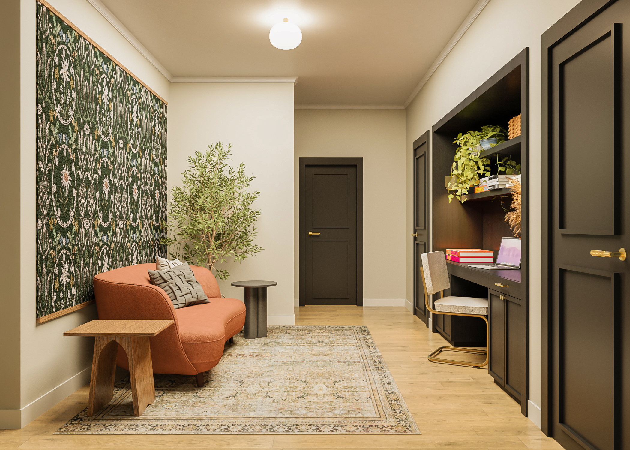 Remodelação e decoração de um home office/ escritório moderno em casa com um sofá rosa e tapete com padrão e móveis pretos