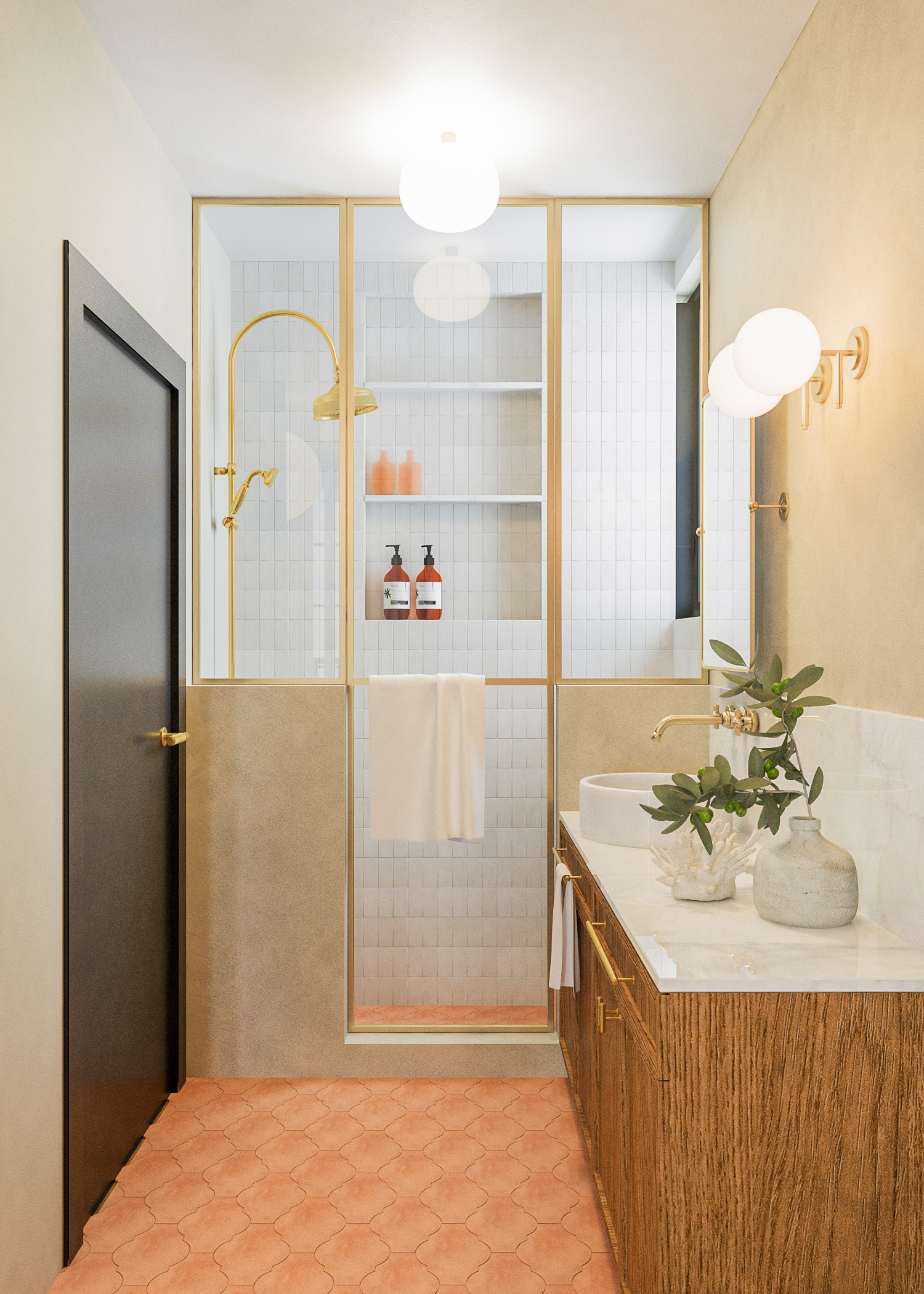 Casa de banho com um espelho dourado e duche moderno