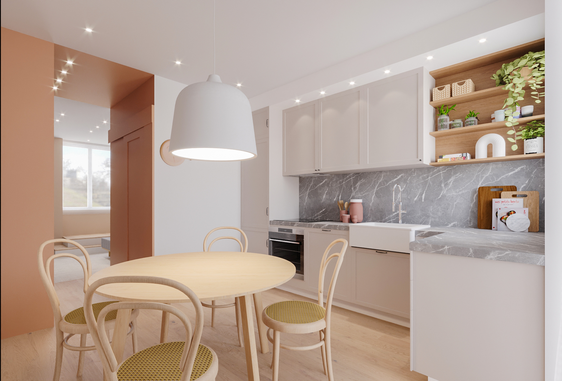 Design de interiores de apartamento - renovação de cozinha lacada em tons terra e naturais com bancada em mármore.