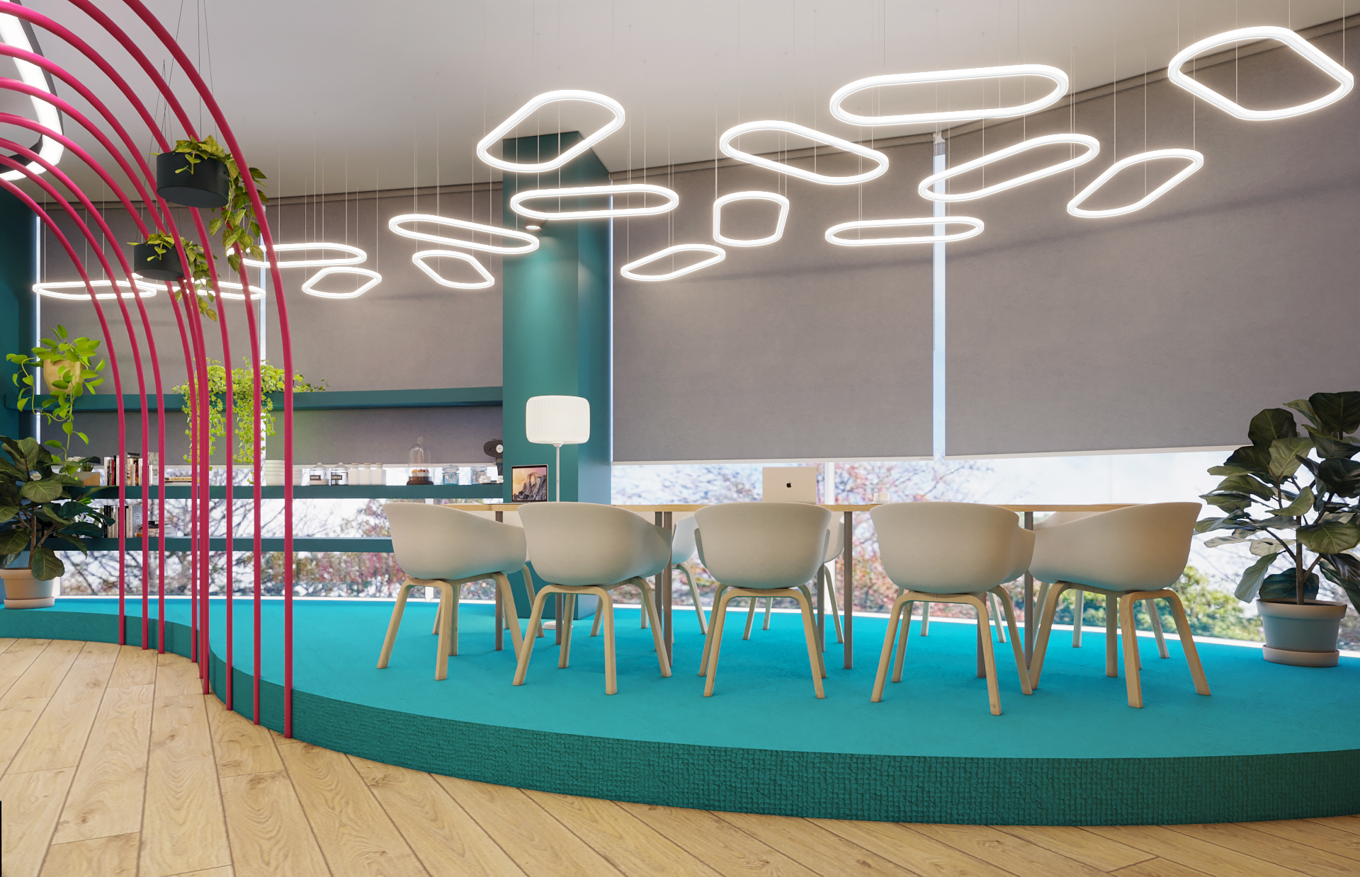 Decoração de um espaço de escritórios;sala de reuniões e mobiliário de escritórios com plataforma colorida- Webhelp