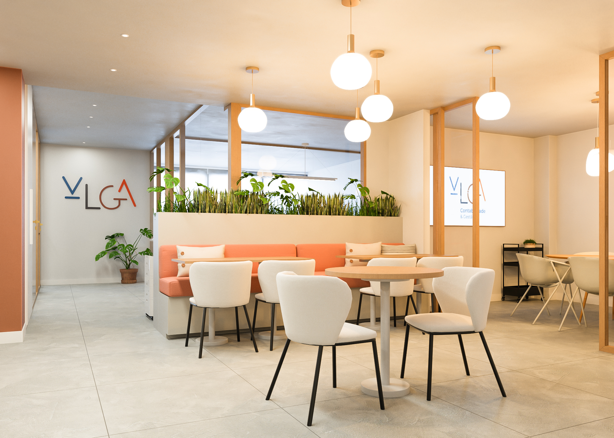 Decoração e renovação de projeto de escritórios - VGLA; zona lounge com cadeiras e sofá em tons muito neutros e laranja