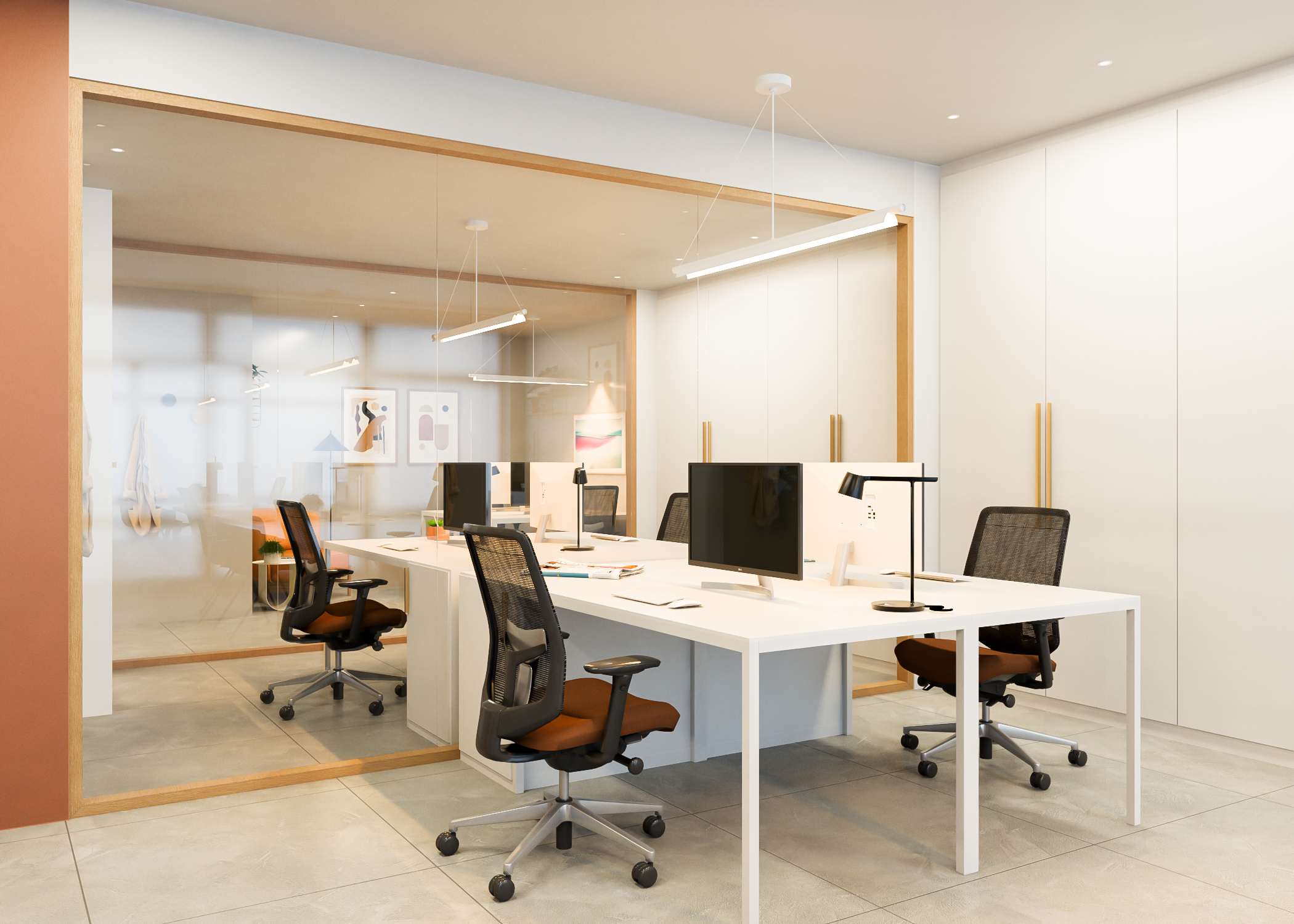 Decoração e renovação de projeto de escritórios - VGLA; sala dos residentes cm secretárias e cadeiras ergonomicas
