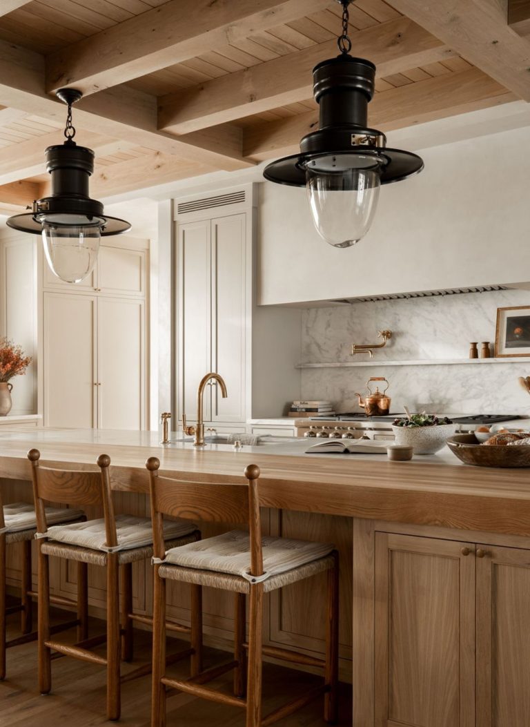 cozinha com ilha em madeira e tons brancos; bancos em madeira