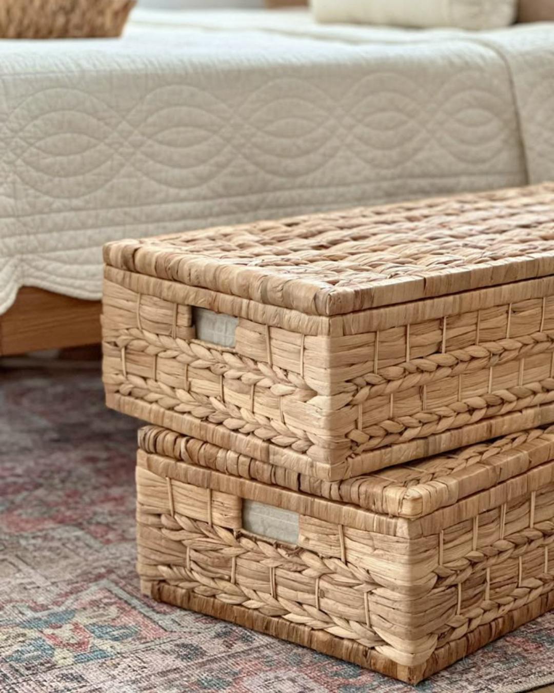 Caixas e cestos de perfil baixo arrumados debaixo da cama, ideais para roupa sazonal, edredons e mantas.