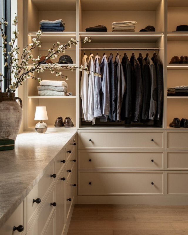 Interior de roupeiro organizado com caixas, cestos, cabides e roupa dobrada, num ambiente sereno.