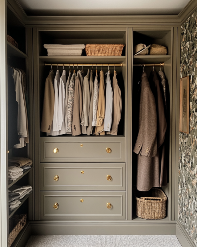 Interior de roupeiro organizado com caixas, cestos, cabides e roupa dobrada, num ambiente sereno.
